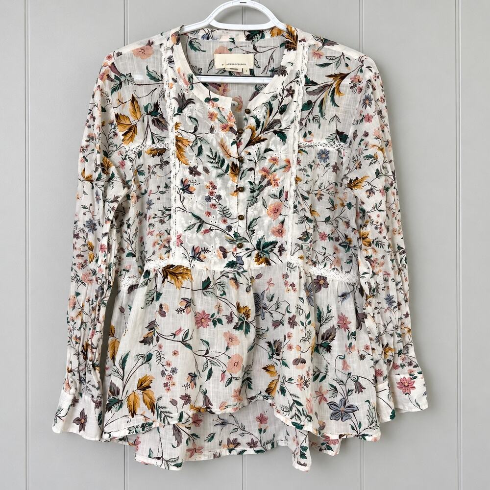 Anthropologie Women's Small Blouse Peasant Floral Cotton Cottagecore Lightweight
